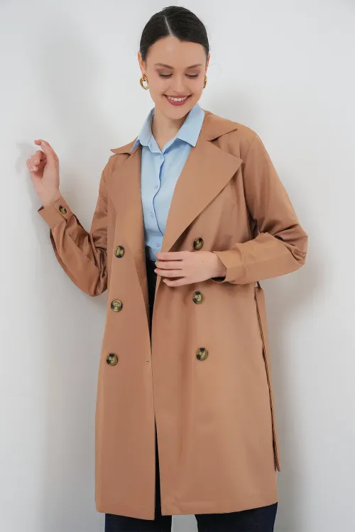 5864 Kruvaze Yaka Kısa Trençkot - Taba