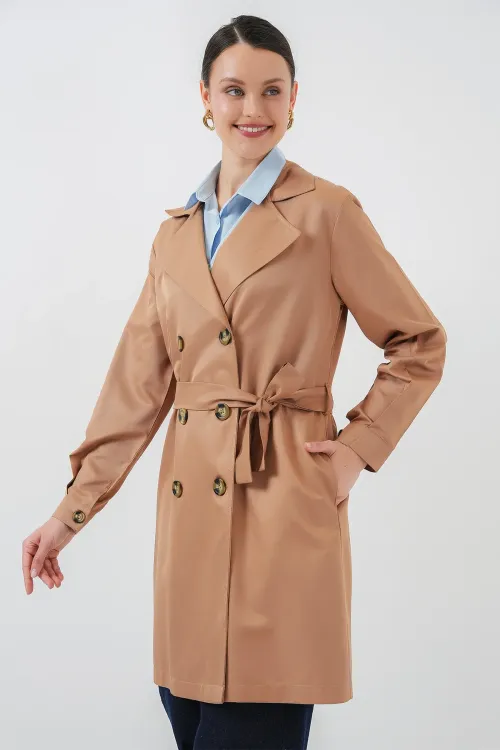 5864 Kruvaze Yaka Kısa Trençkot - Taba