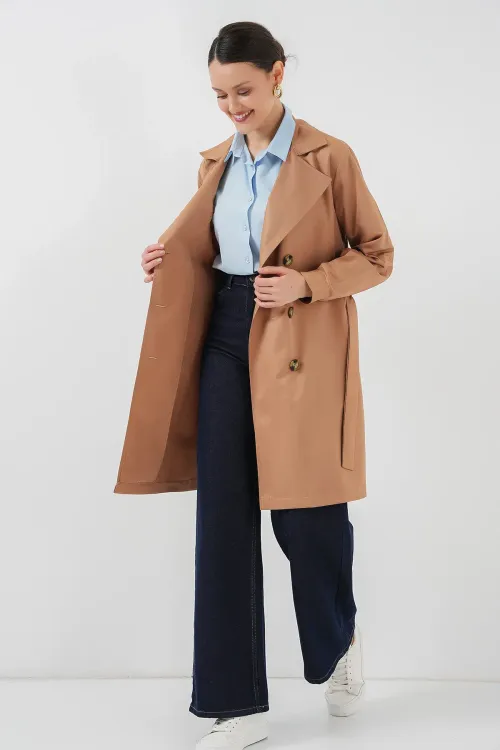 5864 Kruvaze Yaka Kısa Trençkot - Taba