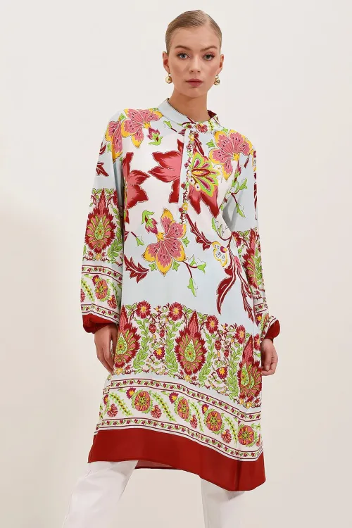 5903 Desenli Viskon Elbise - Bordo