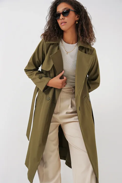 5918 Kruvaze Yaka Trençkot - Haki