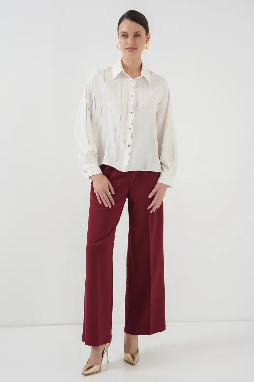 5924 Kadın Gold Çizgili Gömlek - C.Beyaz