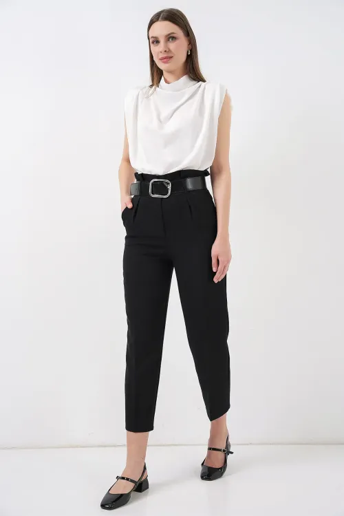 6556 Kemerli Kumaş Pantolon - Siyah