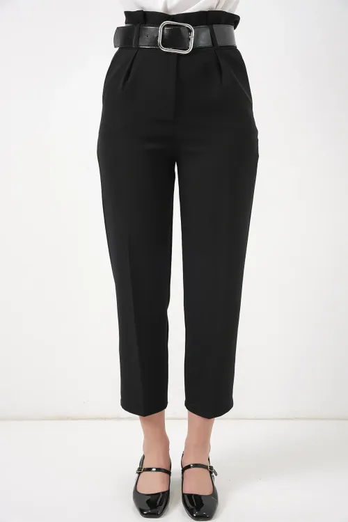 6556 Kemerli Kumaş Pantolon - Siyah