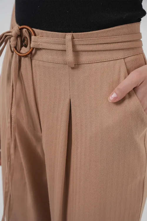 6660 Kemerli Keten Pantolon - Bisküvi