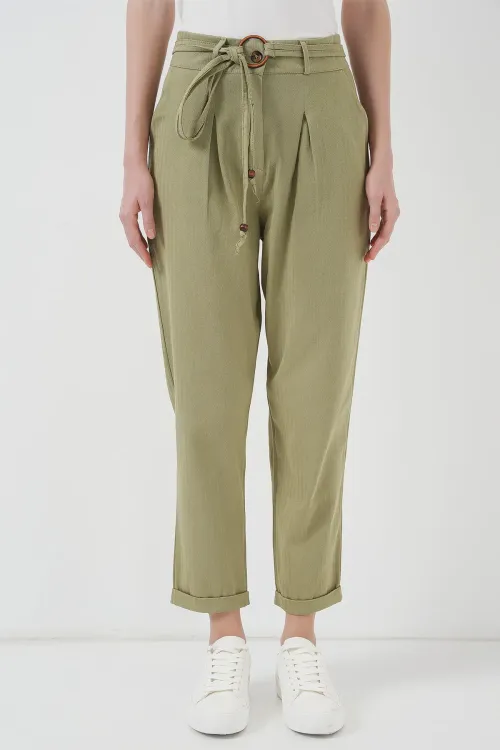 6660 Kemerli Keten Pantolon - Haki