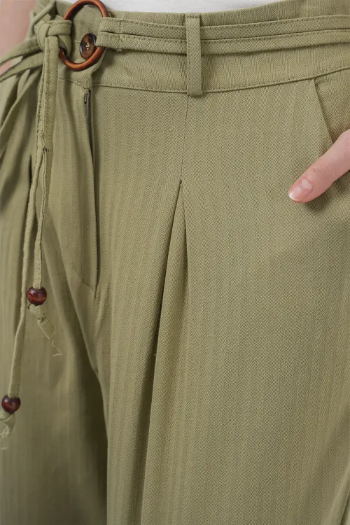 6660 Kemerli Keten Pantolon - Haki