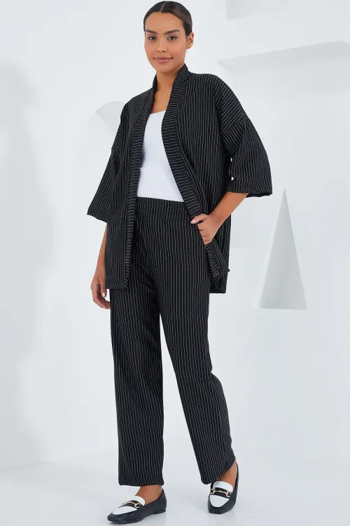 6661 Kadın Çizgili Kimono İkili Takım - Siyah