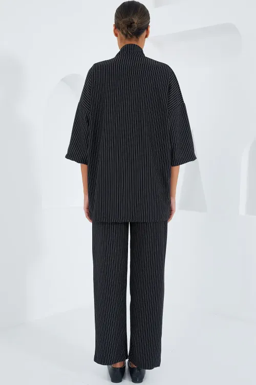 6661 Kadın Çizgili Kimono İkili Takım - Siyah