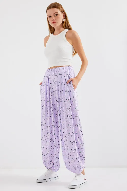 6665 Desenli Şalvar Pantolon - Lila
