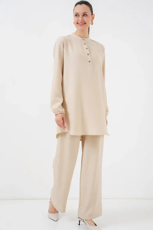 6678 Keten Tunik Pantolon İkili Takım - Bej