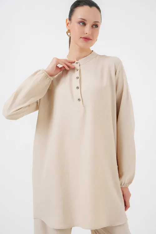 6678 Keten Tunik Pantolon İkili Takım - Bej