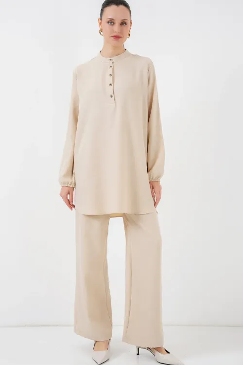 6678 Keten Tunik Pantolon İkili Takım - Bej