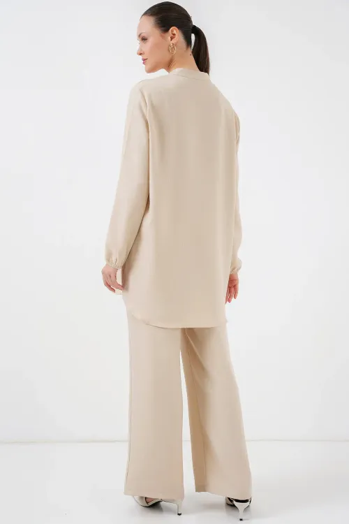 6678 Keten Tunik Pantolon İkili Takım - Bej