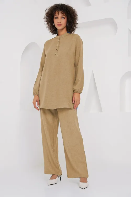 6678 Keten Tunik Pantolon İkili Takım - Bisküvi