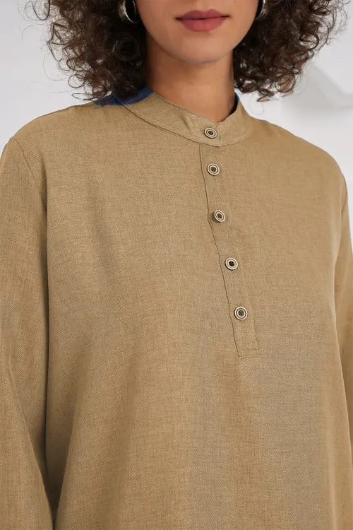 6678 Keten Tunik Pantolon İkili Takım - Bisküvi