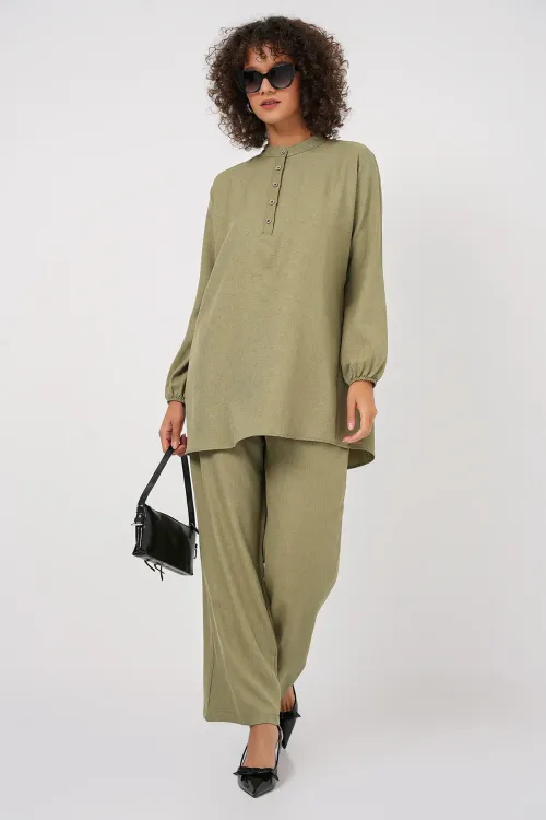 6678 Keten Tunik Pantolon İkili Takım - Çağla