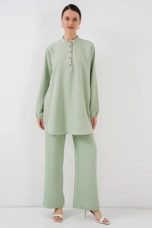 6678 Keten Tunik Pantolon İkili Takım - E.Yeşil