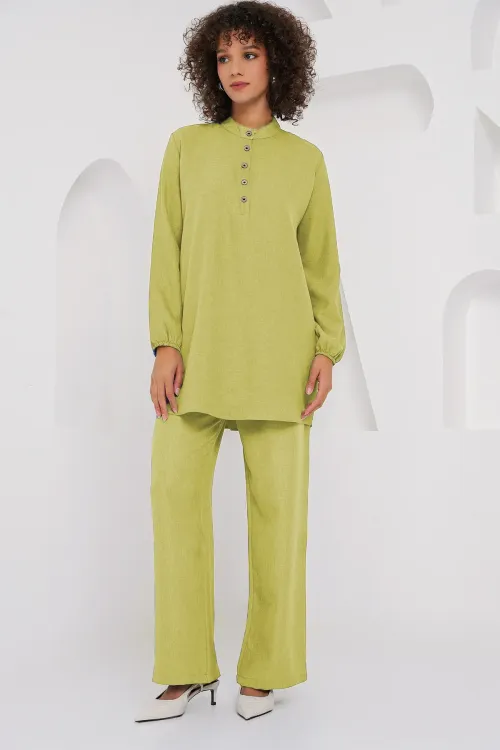 6678 Keten Tunik Pantolon İkili Takım - G.Yeşil