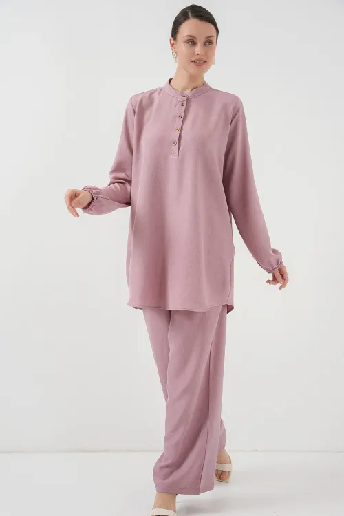 6678 Keten Tunik Pantolon İkili Takım - Gül Kurusu