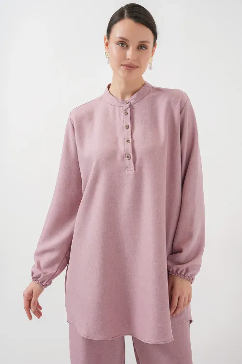 6678 Keten Tunik Pantolon İkili Takım - Gül Kurusu