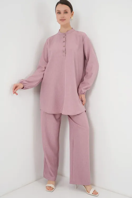 6678 Keten Tunik Pantolon İkili Takım - Gül Kurusu