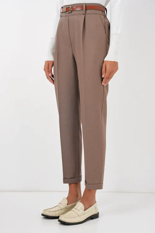 6686 Kadın Pileli Kemerli Kumaş Pantolon - Camel