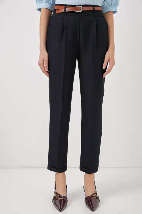 6686 Kadın Pileli Kemerli Kumaş Pantolon - Lacivert