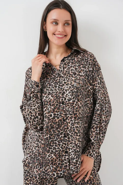 6699 Leopar Desenli Alt Üst Takım - C. Kahverengi