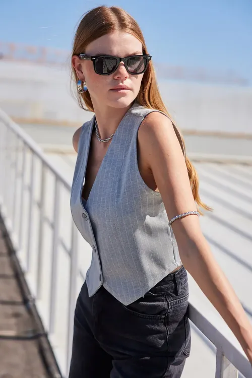 6794 Çizgili Dokuma Yelek - Gri