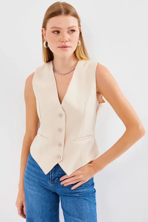 6796 Kısa Dokuma Yelek - Krem