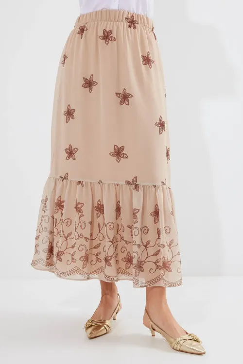 8010 Desenli Şifon Etek - Vizon