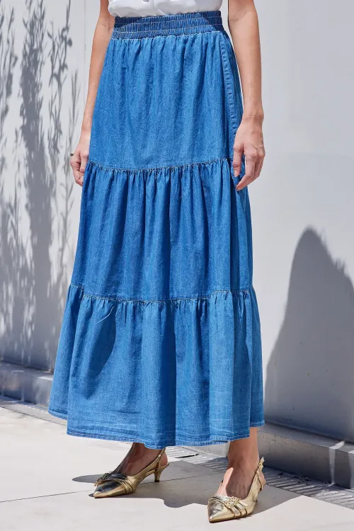 8022 Volanlı Uzun Kot Etek - Lacivert