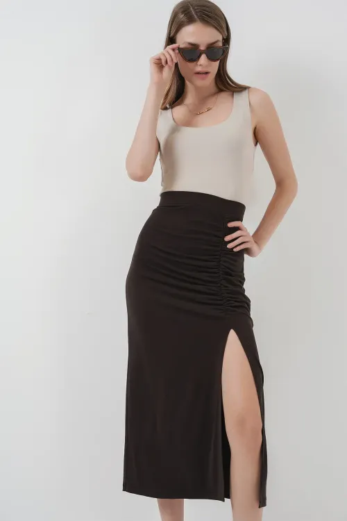 8033 Sandy Yırtmaçlı Etek - Kahverengi