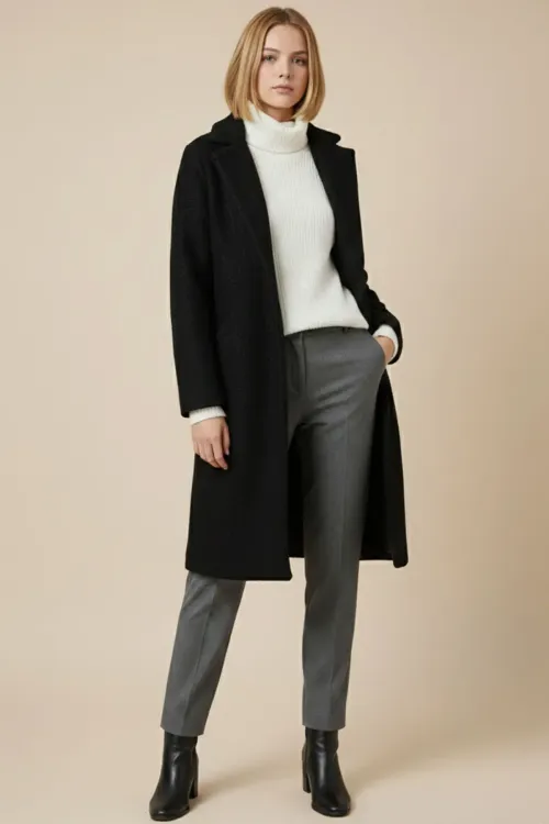 9085 Kadın Oversize Kaşe Kaban - D. Siyah