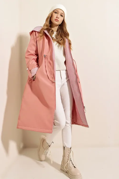 9091 Beli Büzgülü Kapşonlu Trençkot - Pembe