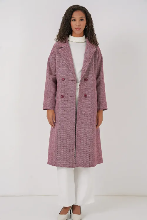 9113 Oversize Geniş Kesim Yünlü Uzun Kaşe Kaban - Bordo