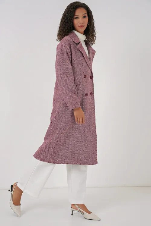 9113 Oversize Geniş Kesim Yünlü Uzun Kaşe Kaban - Bordo