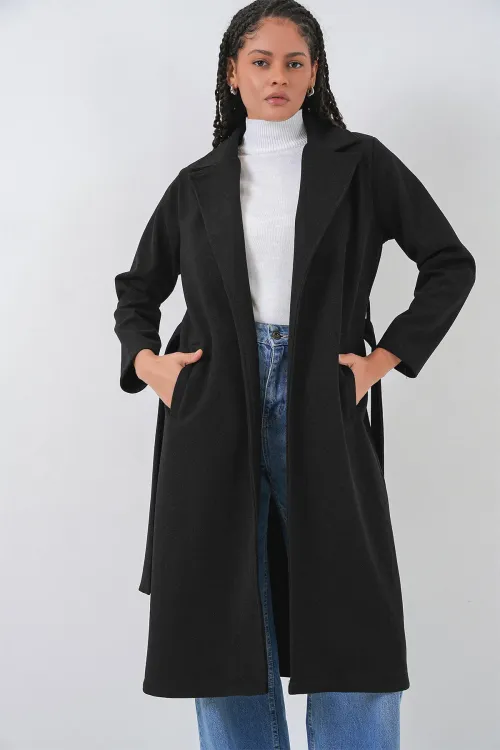 9118 Kruvaze Yaka Kaşe Kaban - Siyah