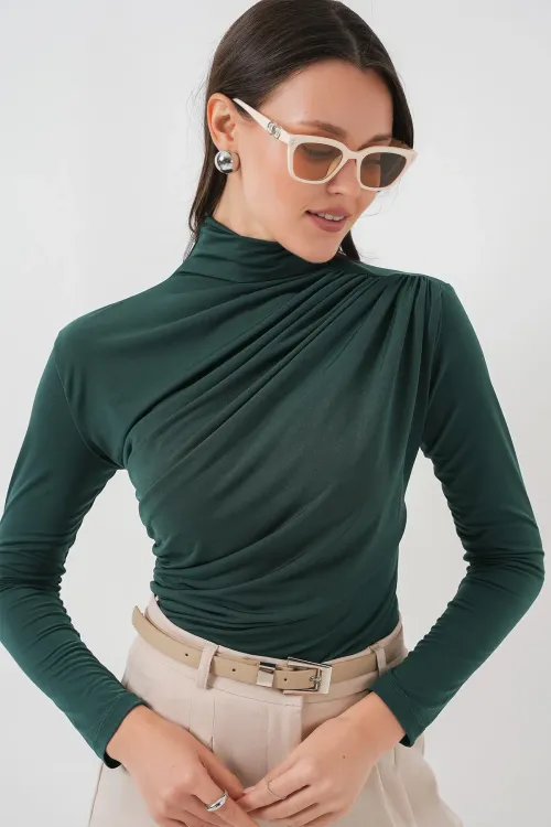 925 Büzgü Detaylı Sandy Bluz - Zümrüt Yeşili