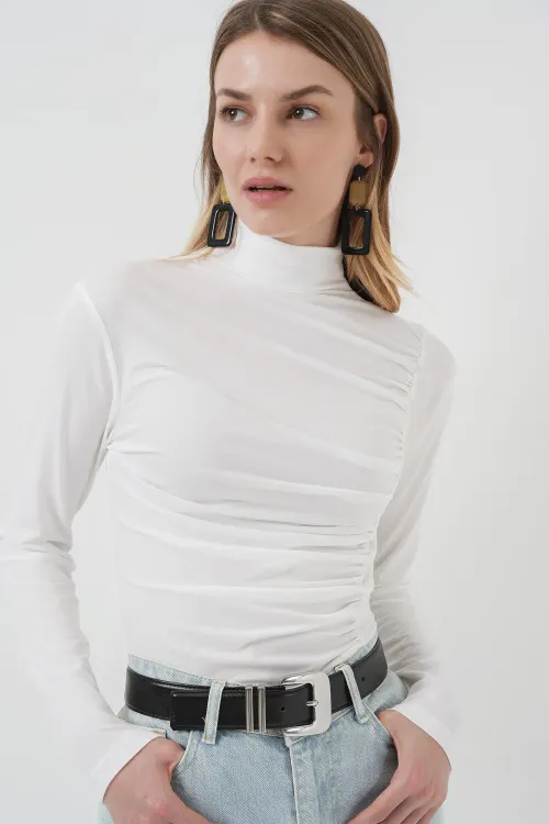 938 Büzgü Detaylı Dik Yaka Sandy Bluz - Beyaz