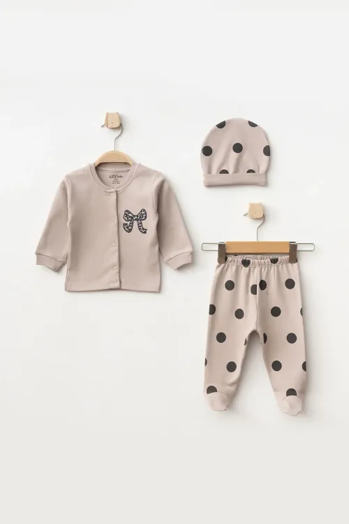 Aziz Bebe Kız Bebek % 100 Pamuk Zıbın Pantolon Bere 3 lü Alt Üst Bebek Takımı 0 Ay-6 Ay