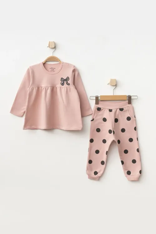 Aziz Bebe Kız Bebek Nakışlı Sweatshirt Pantolon 2 li Alt Üst Bebek Takımı 3 Ay-36 Ay