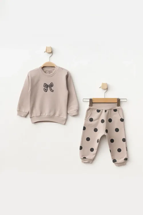 Aziz Bebe Kız Bebek Nakışlı Sweatshirt Pantolon 2 li Alt Üst Bebek Takımı 3 Ay-36 Ay