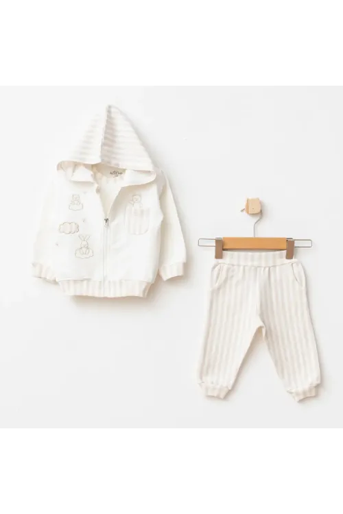 Erkek Bebek Animal Nakışlı Sweatshirt Pantolon T-shirt 3  lü Alt Üst Bebek Takımı 3Ay-36Ay