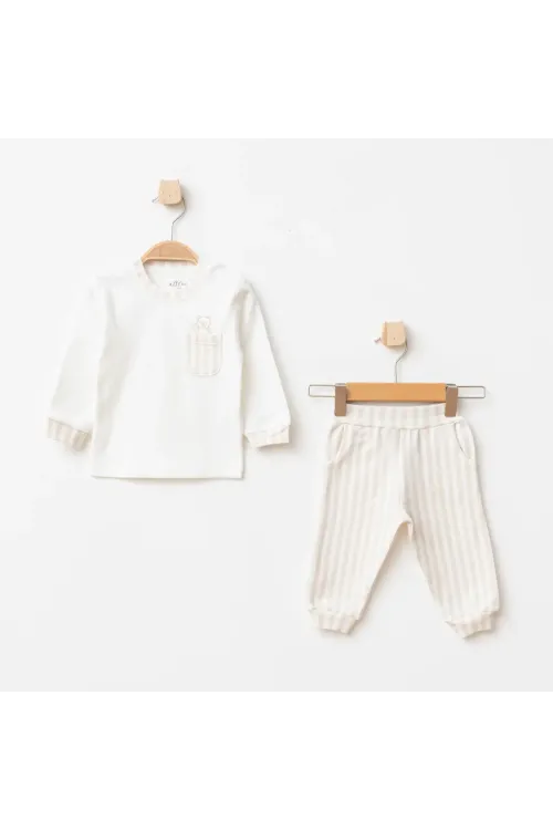 Erkek Bebek Animal Nakışlı Sweatshirt Pantolon T-shirt 3  lü Alt Üst Bebek Takımı 3Ay-36Ay