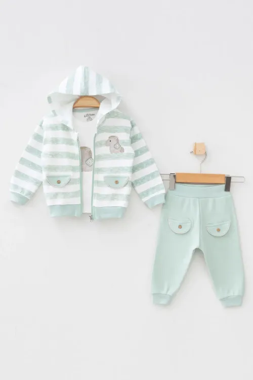 Erkek Bebek At Nakışlı Sweatshirt Pantolon T-shirt 3  lü Alt Üst Bebek Takımı 3 Ay - 36 Ay