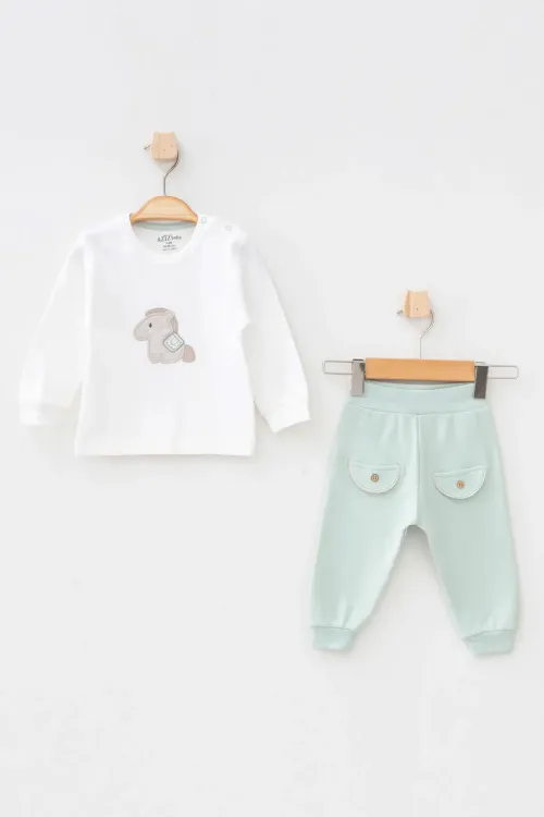 Erkek Bebek At Nakışlı Sweatshirt Pantolon T-shirt 3  lü Alt Üst Bebek Takımı 3 Ay - 36 Ay