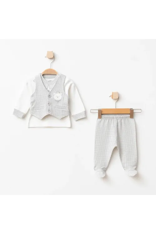 Erkek Bebek Ayı Nakışlı Sweatshirt Yelek Pantolon 3  lü Alt Üst Bebek Takımı 0 Ay - 6 Ay