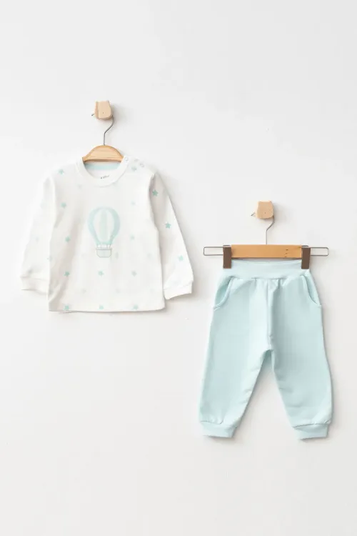 Erkek Bebek Balon Desenli Sweatshirt Pantolon T-shirt 3 lü Alt Üst Bebek Takımı 3Ay - 36Ay